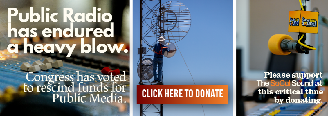 PUBLIC MEDIA FUNDING IMAGE WITH THREE PICTURES 1 OF A MIXING CONSOLE, ONE OF MAN ON RADIO TOWER, ONE OF BROADCAST MICROPHONE, URGING DONATIONS TO RADIO STATION